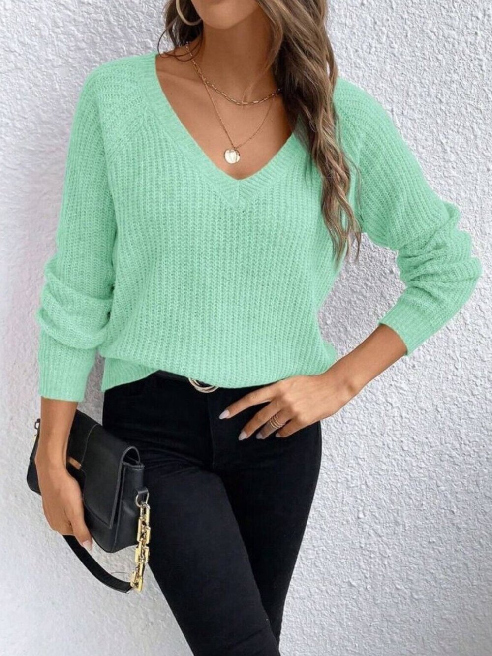 V-Neck Raglan Sleeve Knit Lightweight Sweater Mint Green Casual Everyday M 6